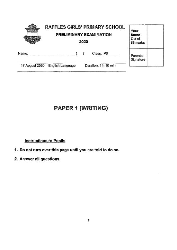 Raffles Girls P6 Eng SA2 2020 exam paper PDF preview