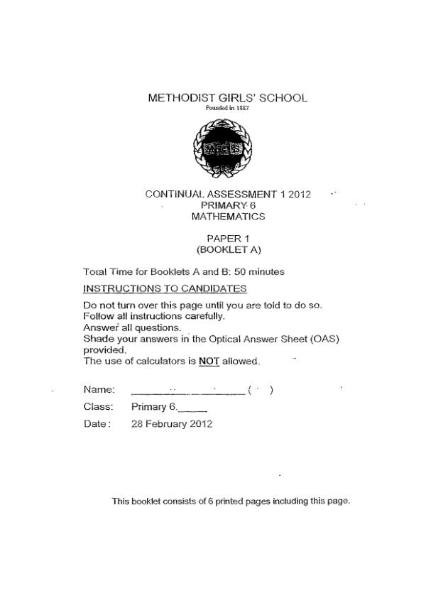 First page preview of P6 Math 2012 WA1 — Methodist Girls