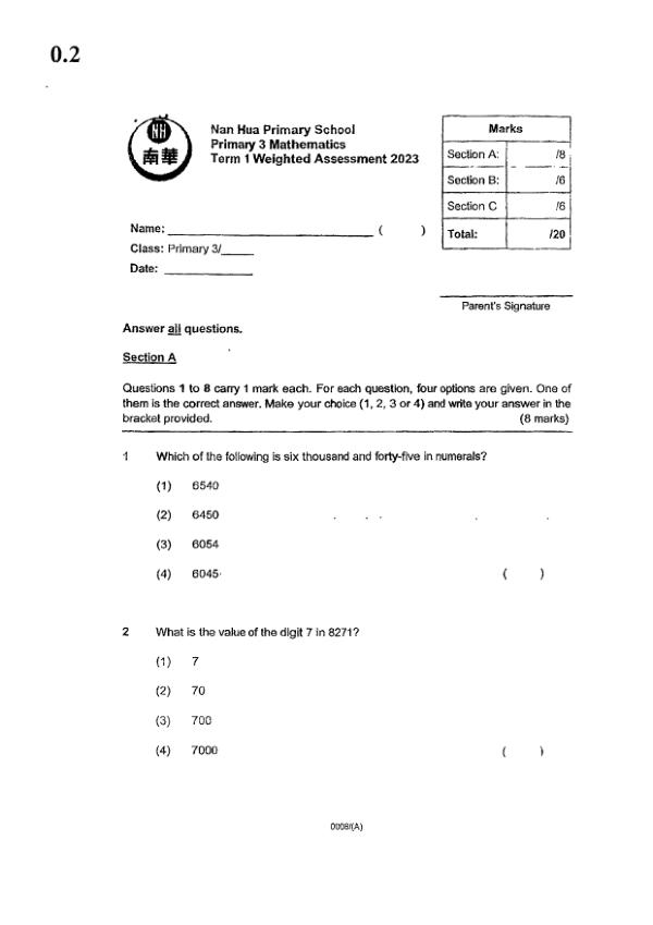 First page preview of P3 Math 2023 WA1 — Nan Hua