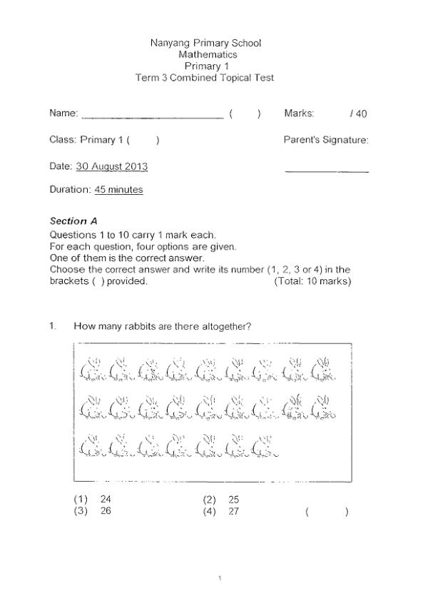 Nanyang P1 Math WA3 2013 exam paper PDF first page preview