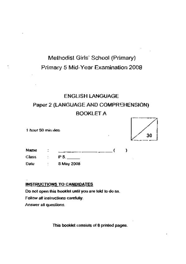Methodist Girls P5 Eng WA2 2008 exam paper PDF preview