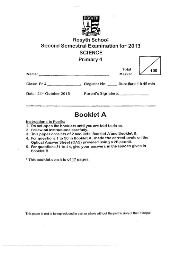 Rosyth P4 Sci SA2 2013 exam paper PDF preview