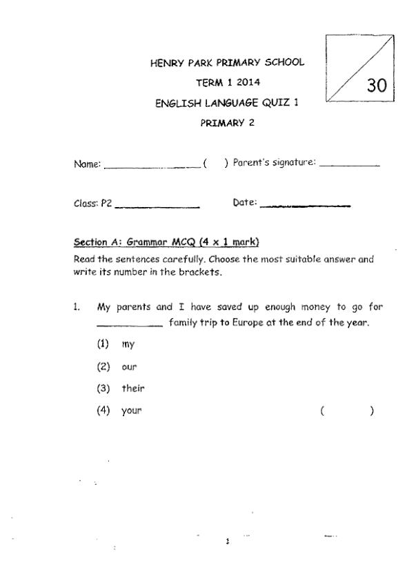 Henry Park P2 Eng WA1 2014 exam paper PDF preview