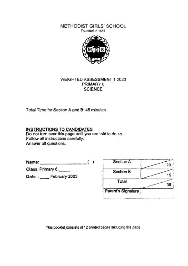 First page preview of P6 Sci 2023 WA1 — Methodist Girls