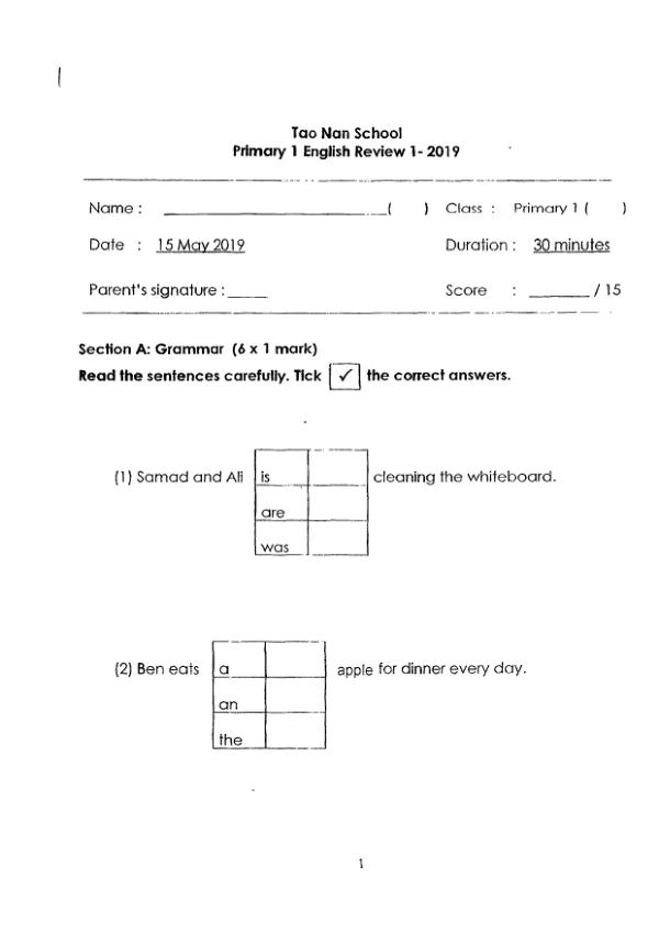 Tao Nan P1 Eng WA2 2019 exam paper PDF first page preview