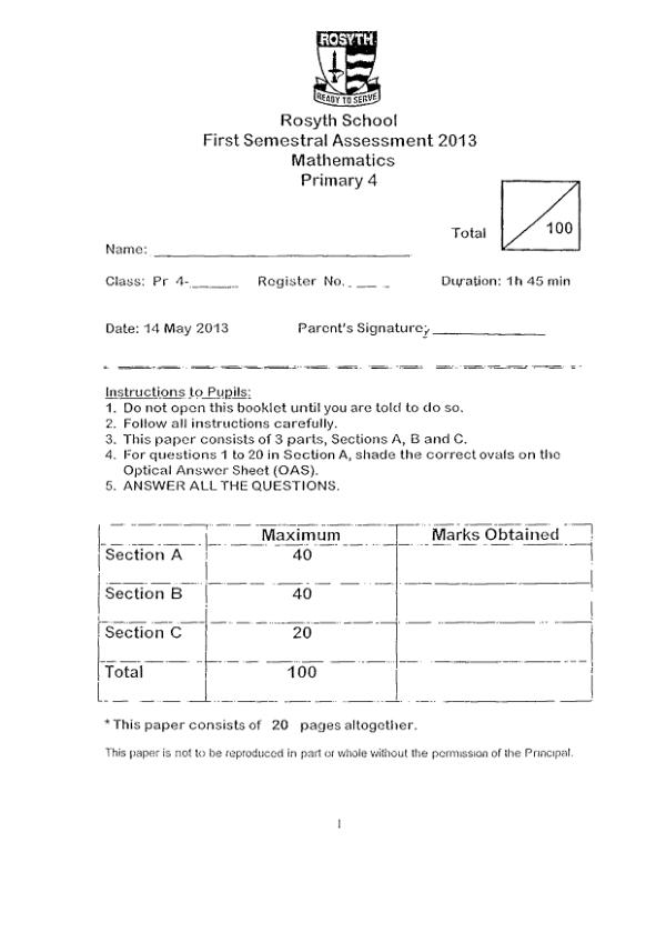 Rosyth P4 Math WA2 2013 exam paper PDF first page preview