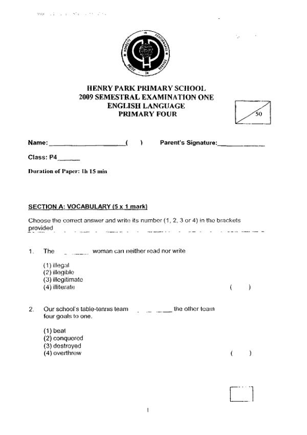 Henry Park P4 Eng WA2 2009 exam paper PDF preview