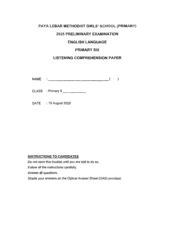 Methodist Girls P6 Eng SA2 2025 exam paper PDF preview
