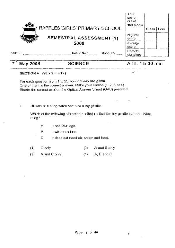 Raffles Girls P4 Sci WA2 2008 exam paper PDF first page preview