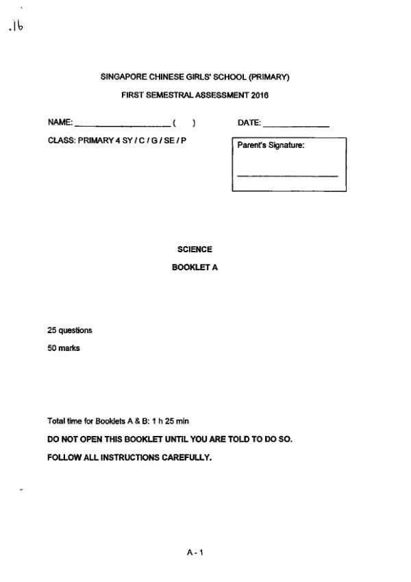 Singapore Chinese Girls P4 Sci WA2 2016 exam paper PDF first page preview