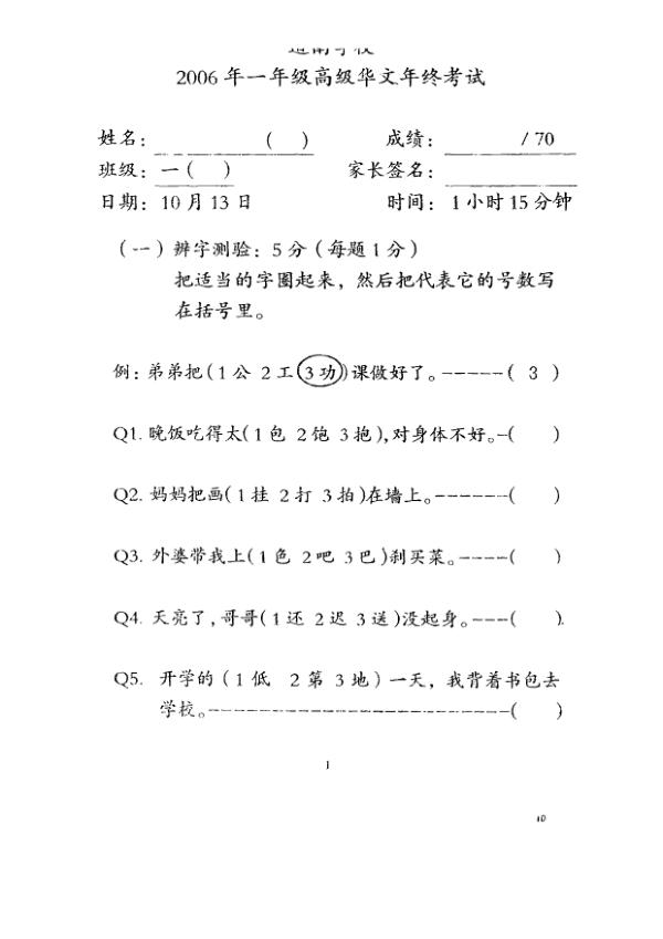 Tao Nan P1 Chi SA2 2006 exam paper PDF preview