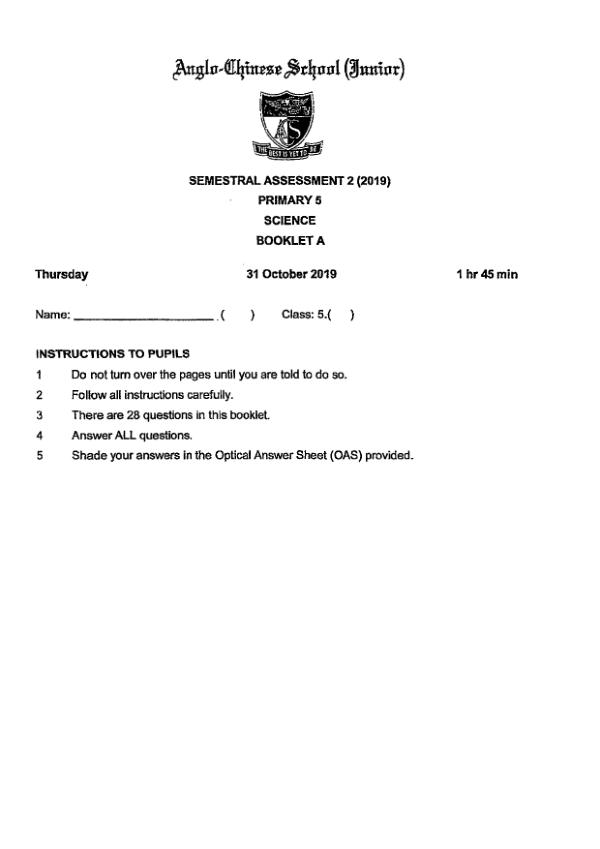 Anglo Chinese P5 Sci SA2 2019 exam paper PDF first page preview