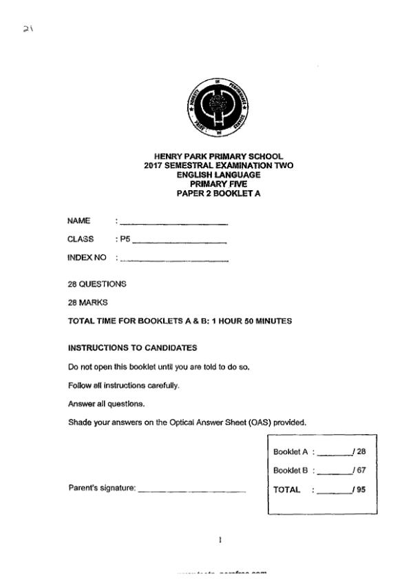 Henry Park P5 Eng SA2 2017 exam paper PDF first page preview