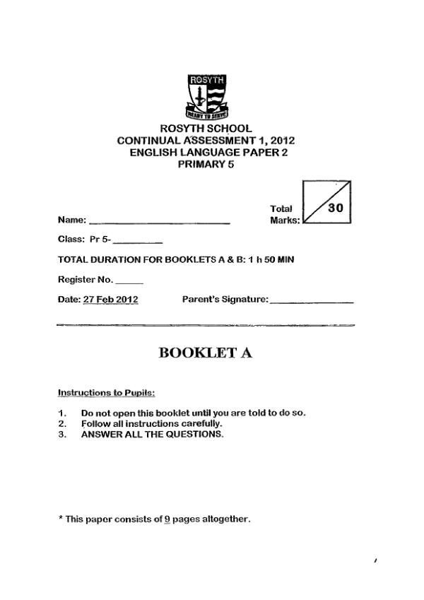 Rosyth P5 Eng WA1 2012 exam paper PDF preview