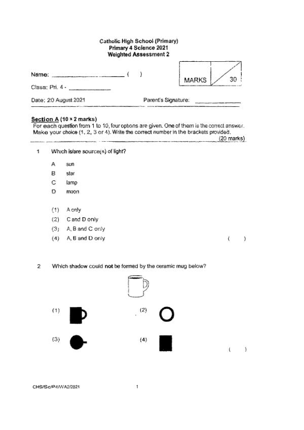 Catholic High P4 Sci WA3 2021 exam paper PDF preview