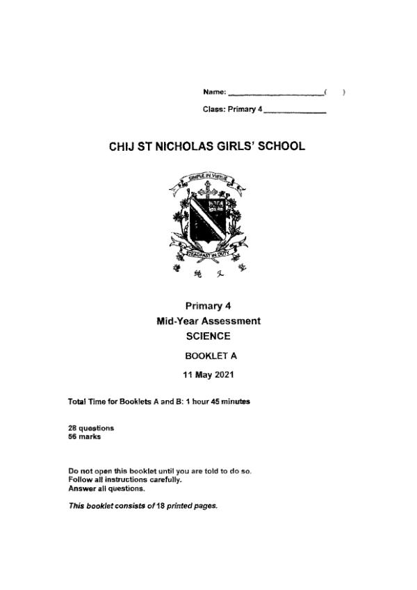 CHIJ P4 Sci WA2 2021 exam paper PDF first page preview