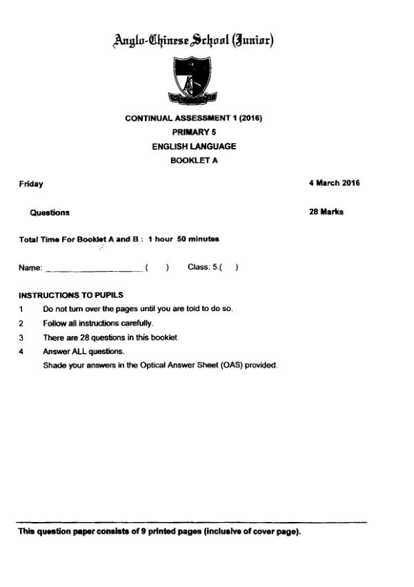 Anglo Chinese P5 Eng WA1 2016 exam paper PDF preview