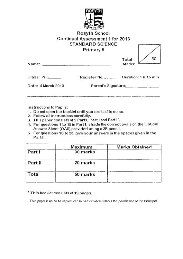 Rosyth P5 Sci WA1 2013 exam paper PDF preview