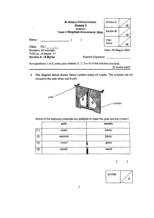 First page preview of P3 Sci 2024 WA3 — St Hildas