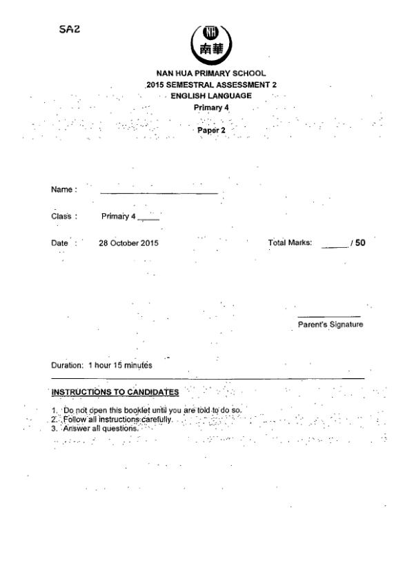 Nan Hua P4 Eng SA2 2015 exam paper PDF first page preview