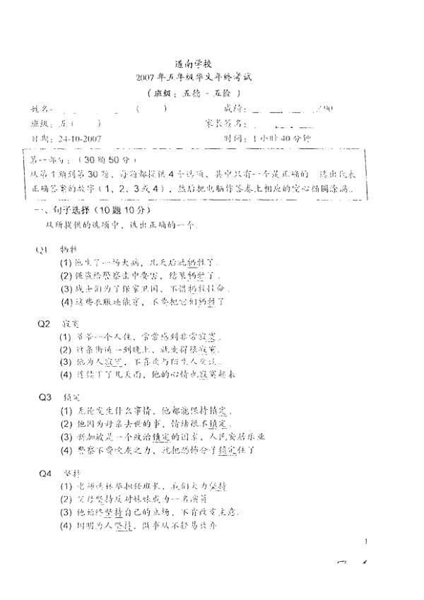 Tao Nan P5 Chi SA2 2007 exam paper PDF preview