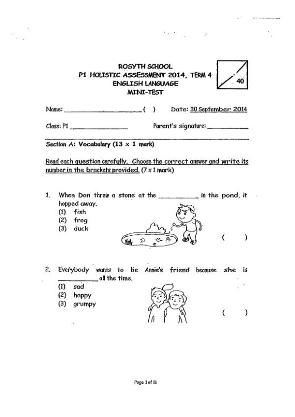 Rosyth P1 Eng SA2 2014 exam paper PDF first page preview