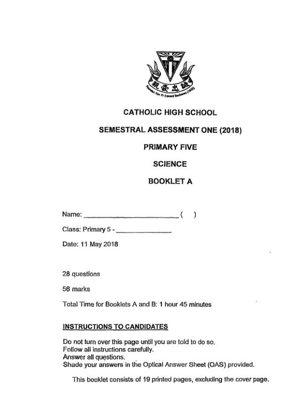 Catholic High P5 Sci WA2 2018 exam paper PDF first page preview