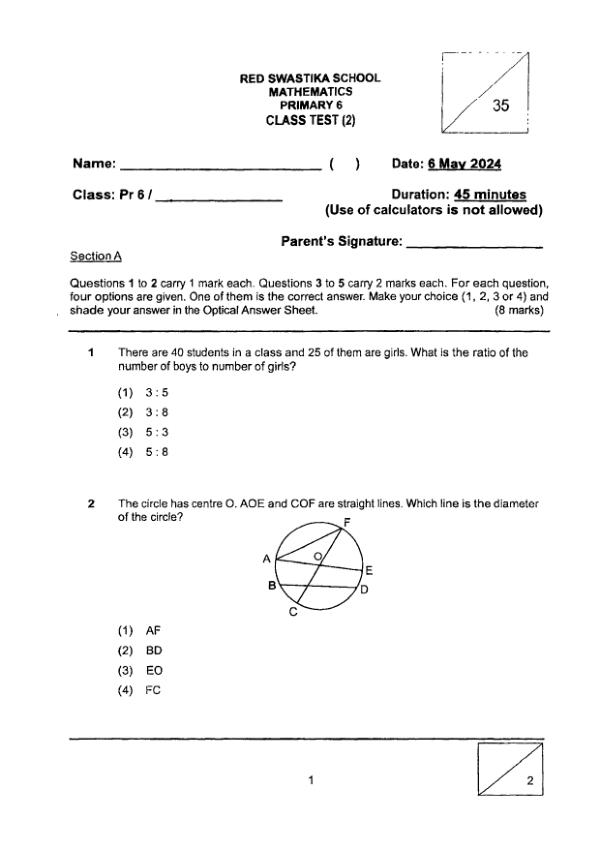 First page preview of P6 Math 2024 WA2 — Red Swastika