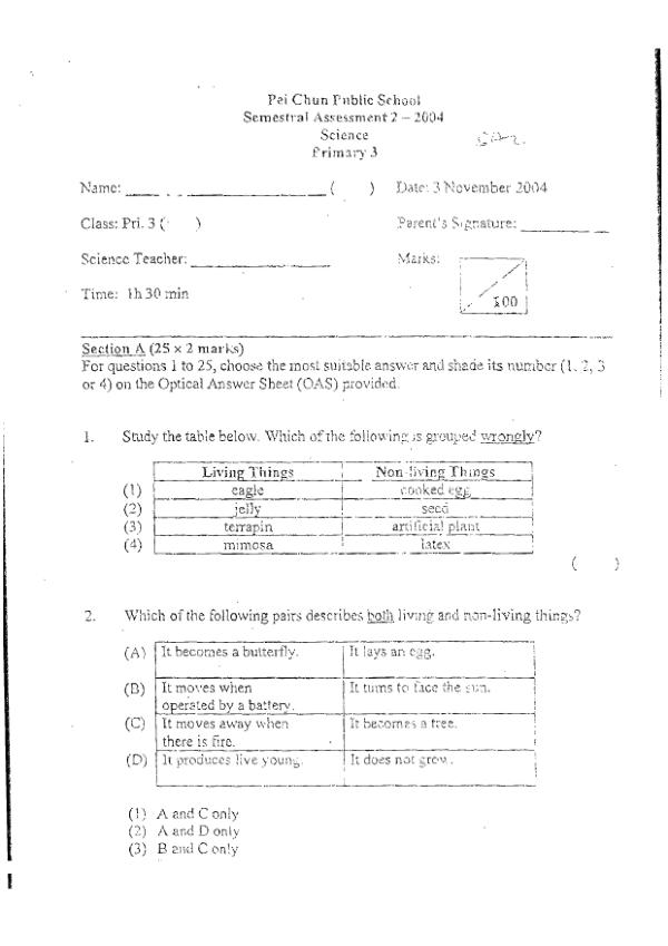 Pei Chun P3 Sci SA2 2004 exam paper PDF preview