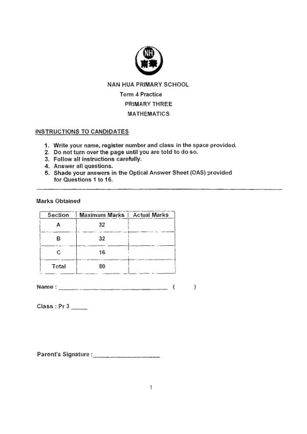 First page preview of P3 Math 2024 WA3 — Nan Hua