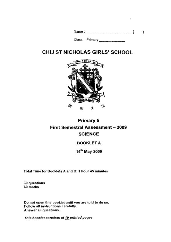 CHIJ P5 Sci WA2 2009 exam paper PDF preview