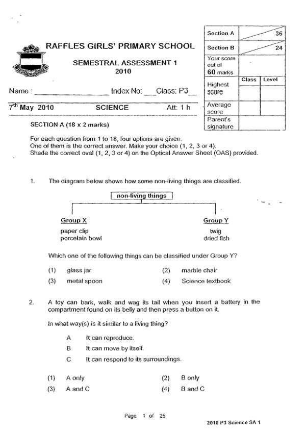 Raffles Girls P3 Sci WA2 2010 exam paper PDF first page preview