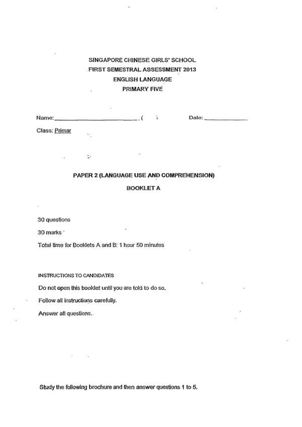 Singapore Chinese Girls P5 Eng WA2 2013 exam paper PDF preview