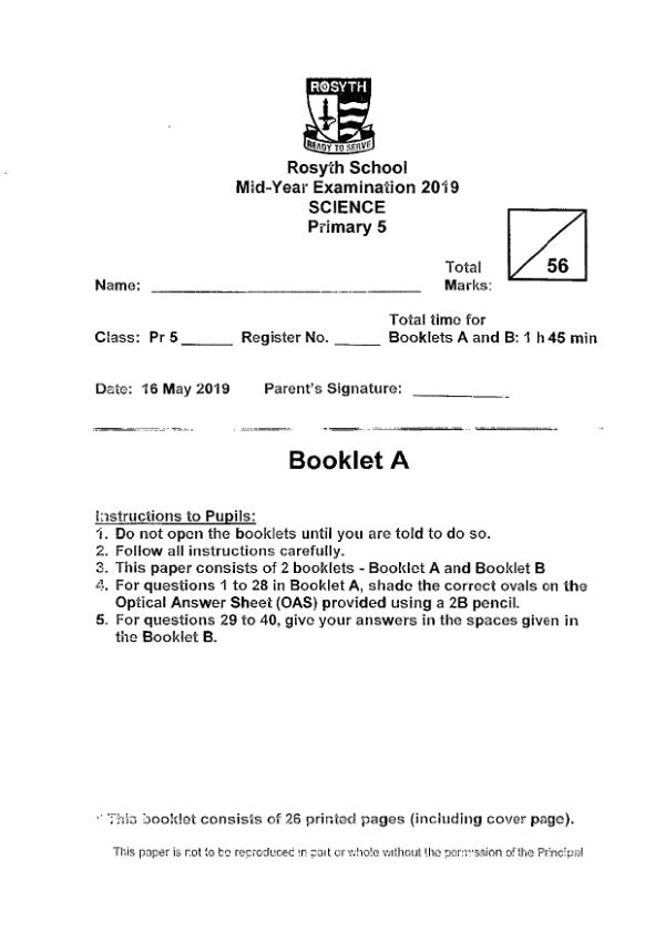 Rosyth P5 Sci WA2 2019 exam paper PDF first page preview