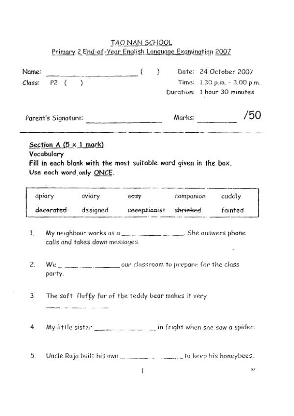 Tao Nan P2 Eng SA2 2007 exam paper PDF preview