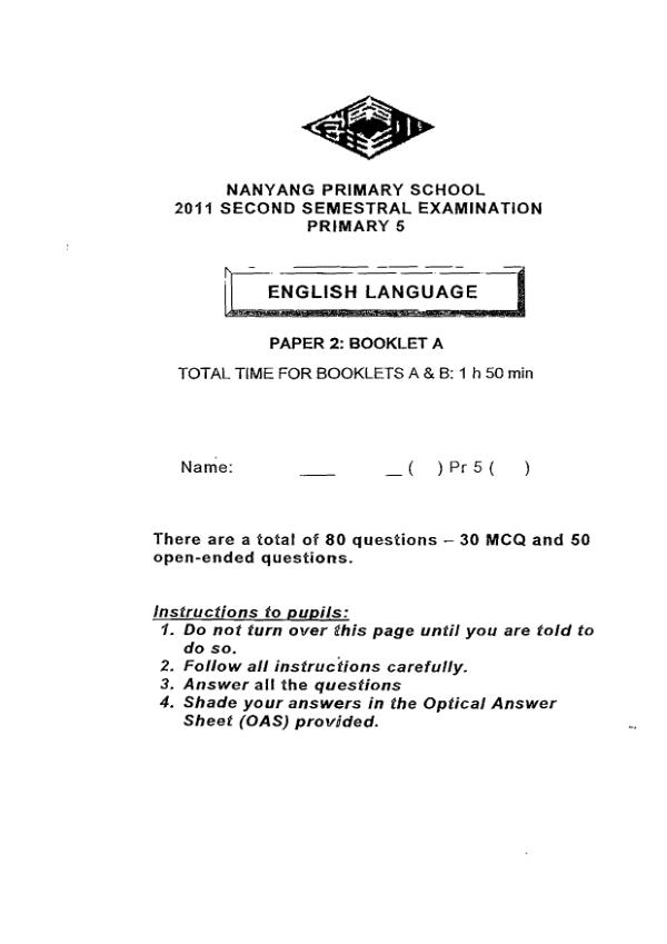 Nanyang P5 Eng SA2 2011 exam paper PDF first page preview