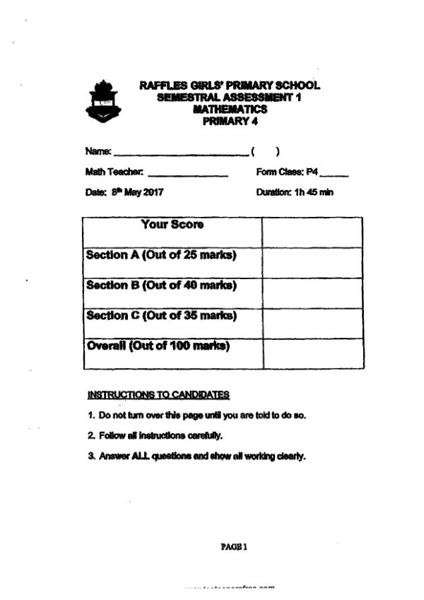 First page preview of P4 Math 2017 WA2 — Raffles Girls