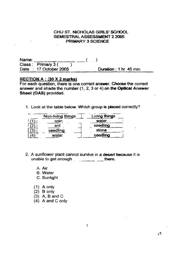 CHIJ P3 Sci SA2 2005 exam paper PDF preview