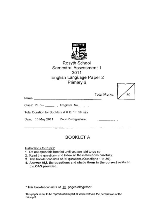 Rosyth P6 Eng WA2 2011 exam paper PDF first page preview