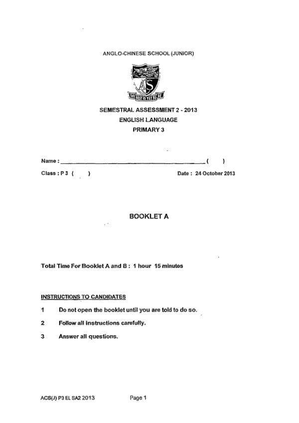 Anglo Chinese P3 Eng SA2 2013 exam paper PDF first page preview