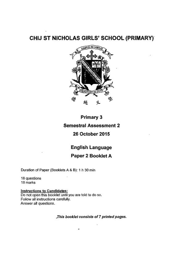 CHIJ P3 Eng SA2 2015 exam paper PDF first page preview