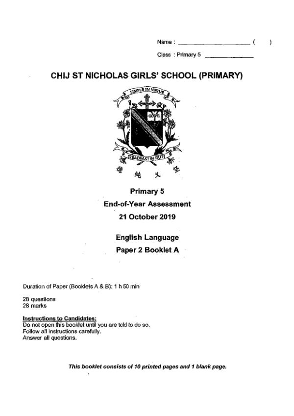 CHIJ P5 Eng SA2 2019 exam paper PDF first page preview