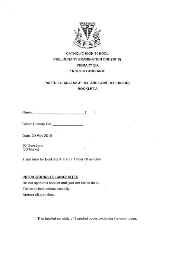 Catholic High P6 Eng SA2 2010 exam paper PDF first page preview