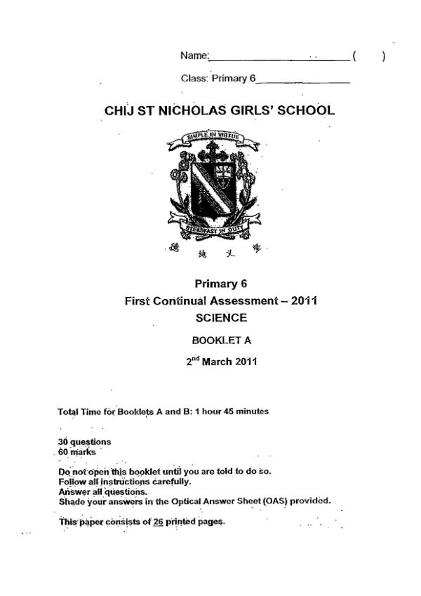 CHIJ P6 Sci WA1 2011 exam paper PDF preview