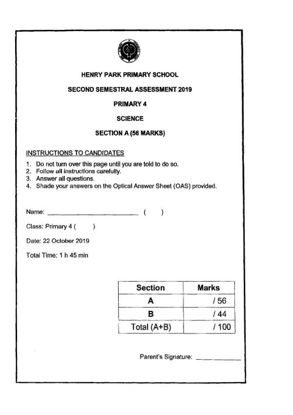 Henry Park P4 Sci SA2 2019 exam paper PDF first page preview