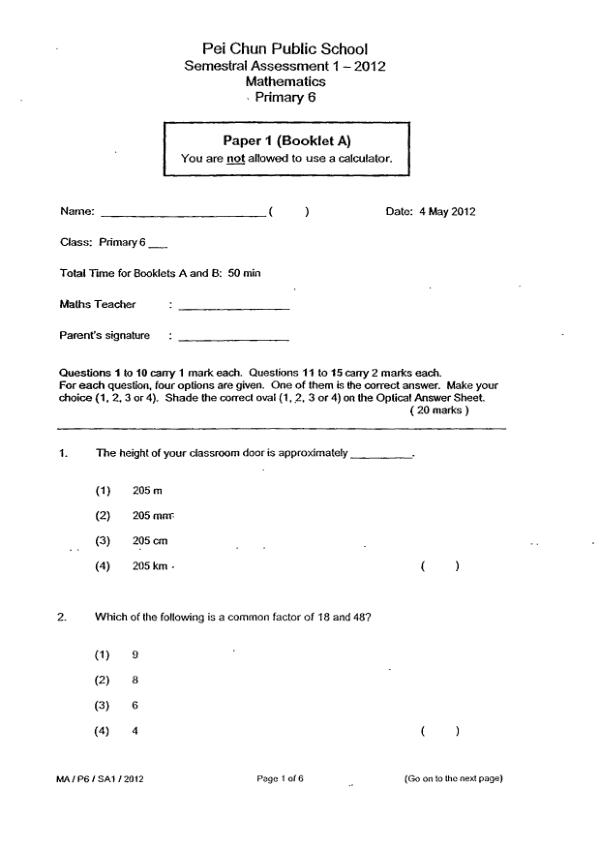 Pei Chun P6 Math WA2 2012 exam paper PDF preview