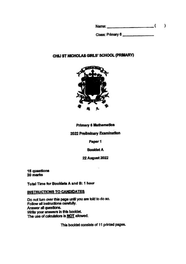 First page preview of P6 Math 2022 SA2 — CHIJ