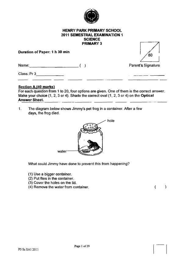 Henry Park P3 Sci WA2 2011 exam paper PDF first page preview