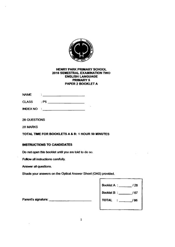Henry Park P5 Eng SA2 2016 exam paper PDF first page preview