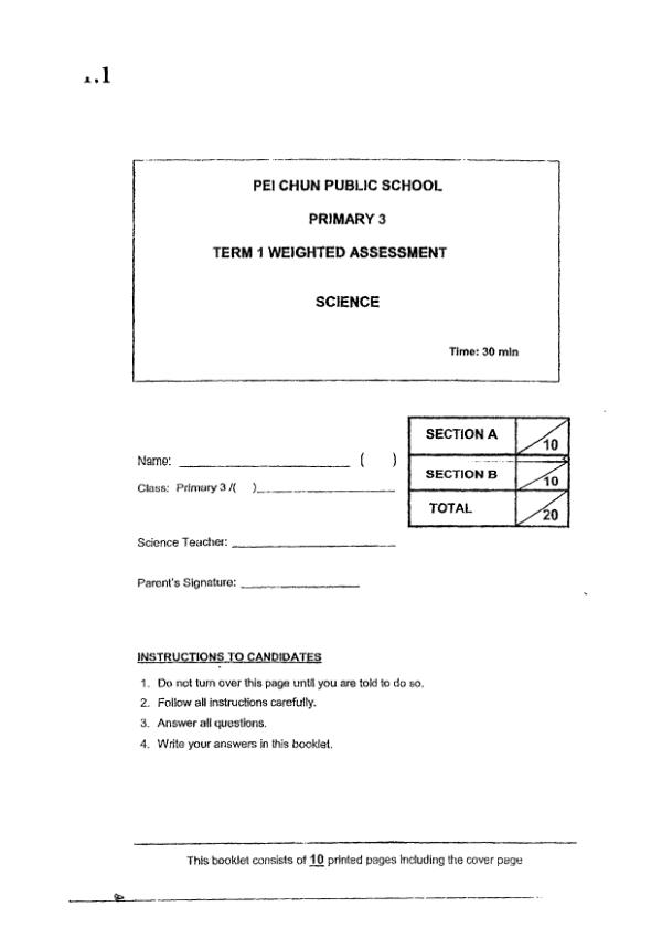 Pei Chun P3 Sci WA1 2023 exam paper PDF first page preview